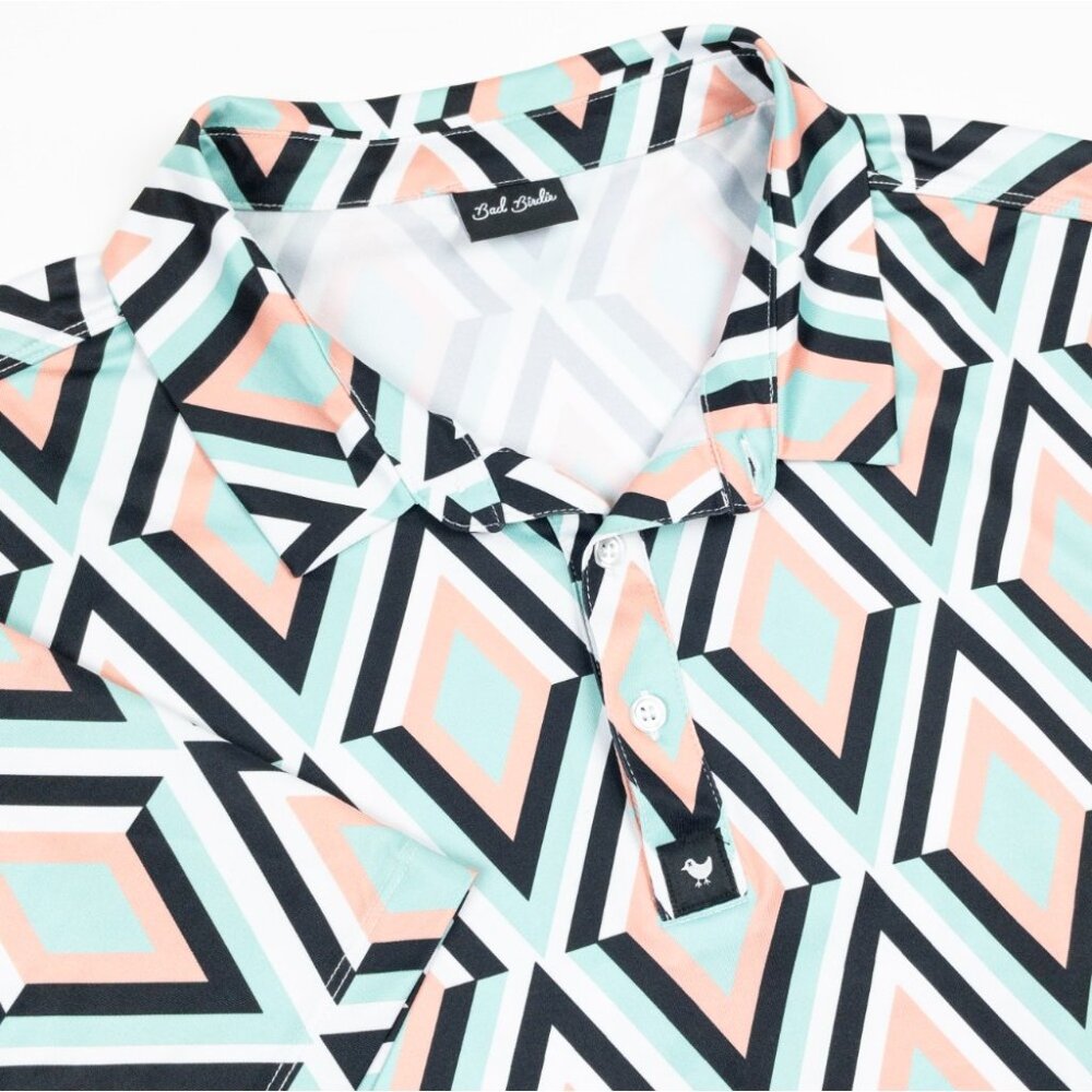 Bad Birdie Golf Polo Men's Fits Large Geometric Diamond Pink Mint Green Wicking